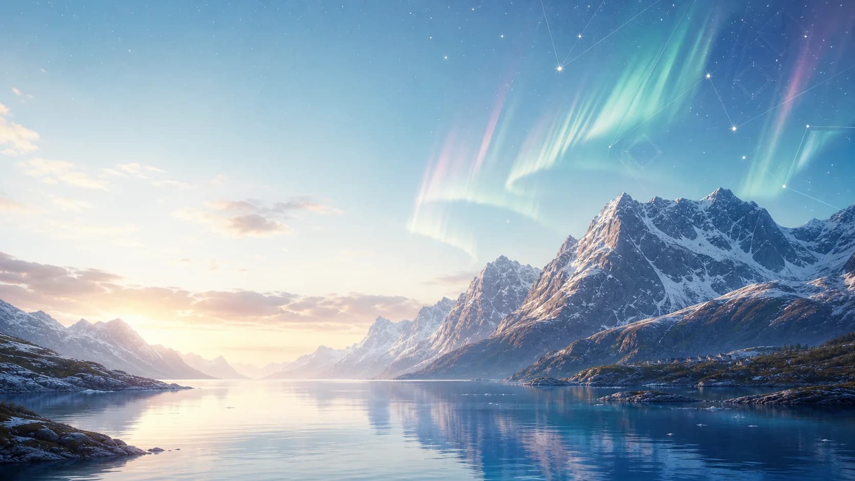 Nordic fjord landscape with mountains, aurora and abstract card-star patterns